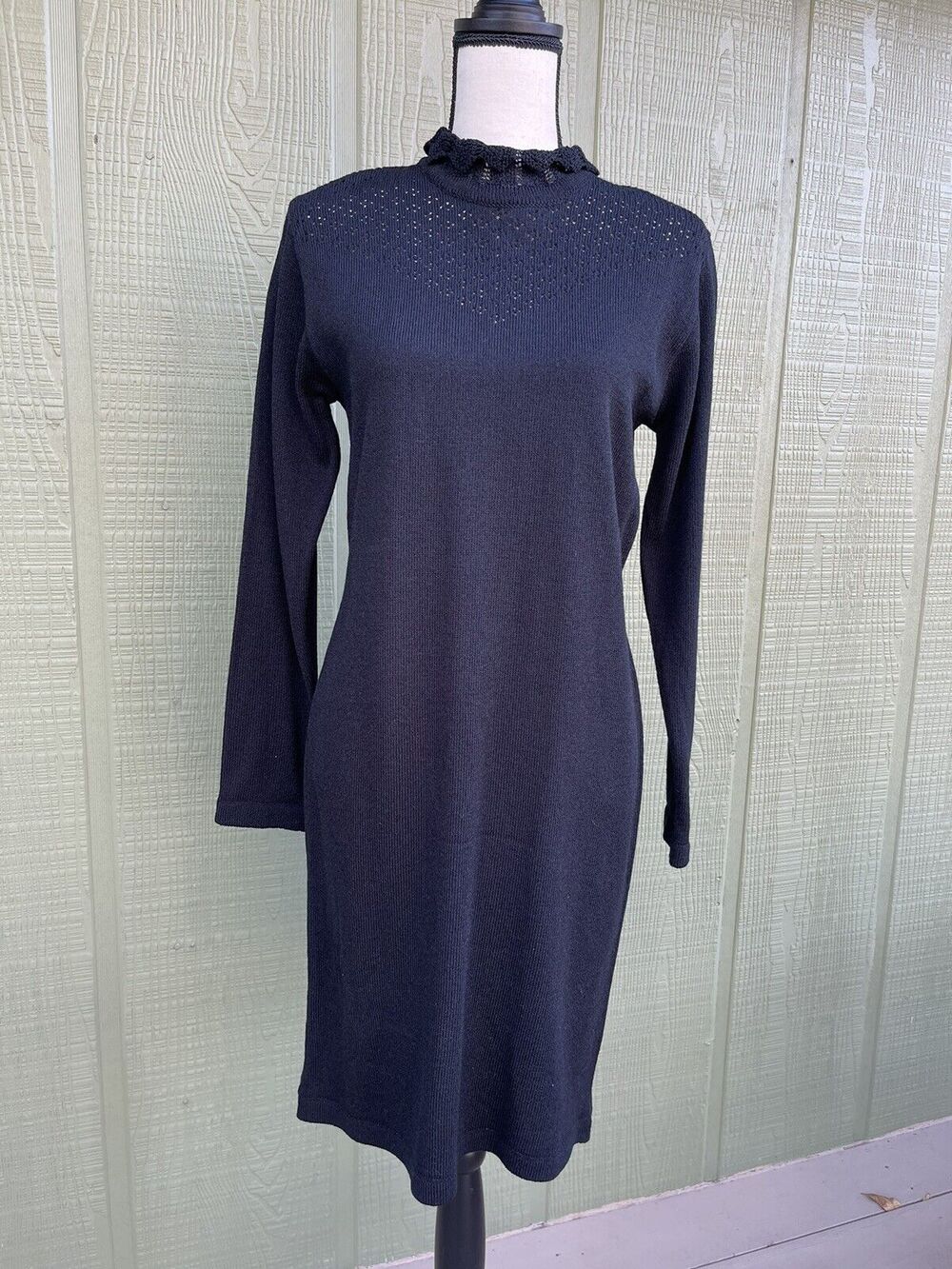 Vintage Women’s Liz Claiborne Black Sweater Dress Lace Mock Neck Size Medium